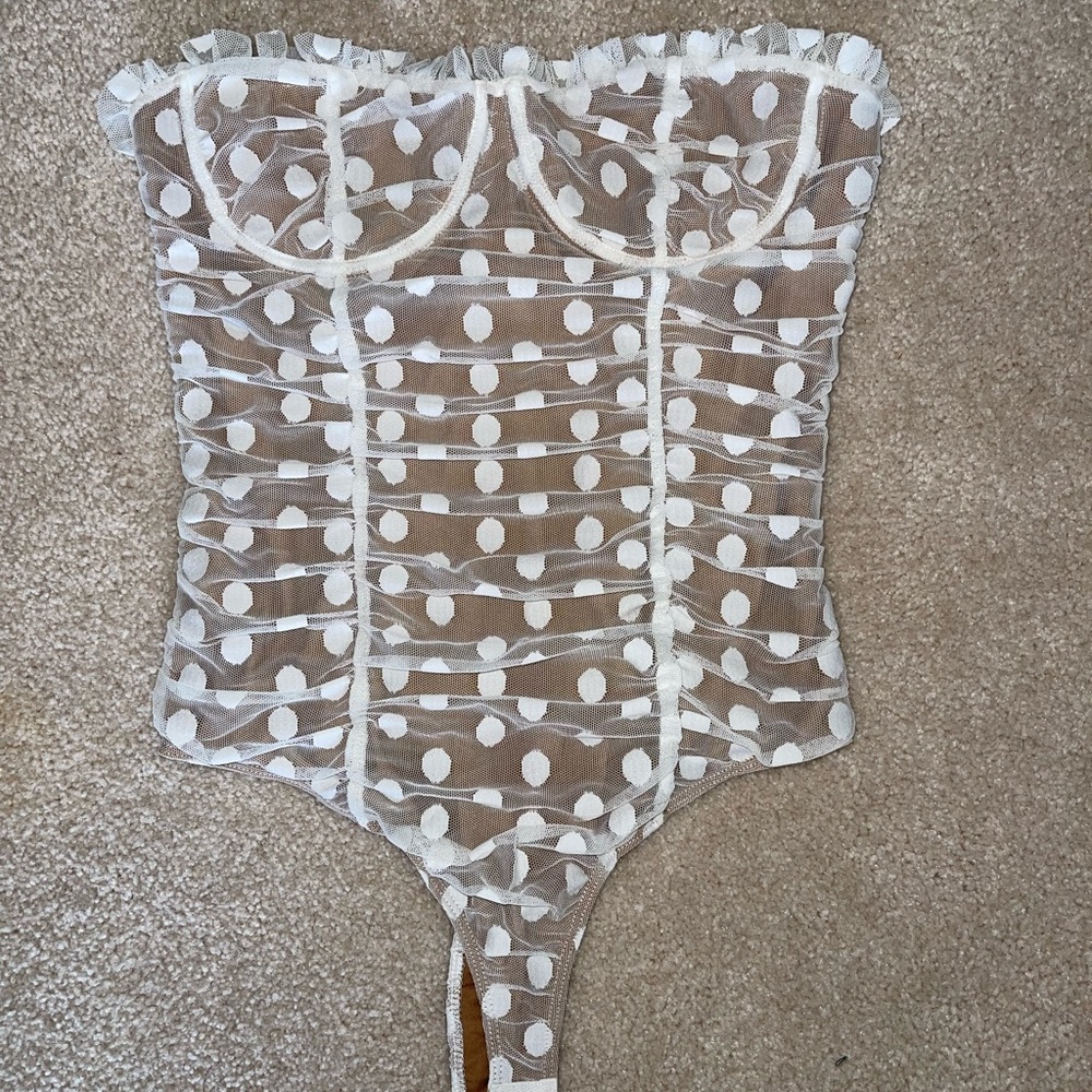 SOLD - MAJORELLE Polka Dot Bodysuit in White and Tan